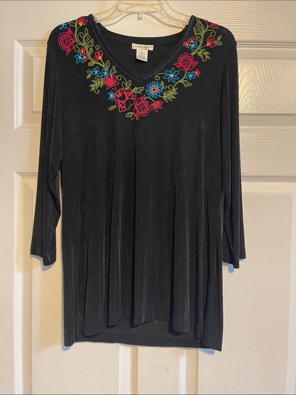 Laura Ashley Black Long Sleeve V-Neck Top with Bright Floral Embroidery